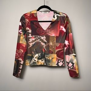 Vanillaville Colourful Abstract Unique Vintage Long Sleeve Flattering Vneck Top